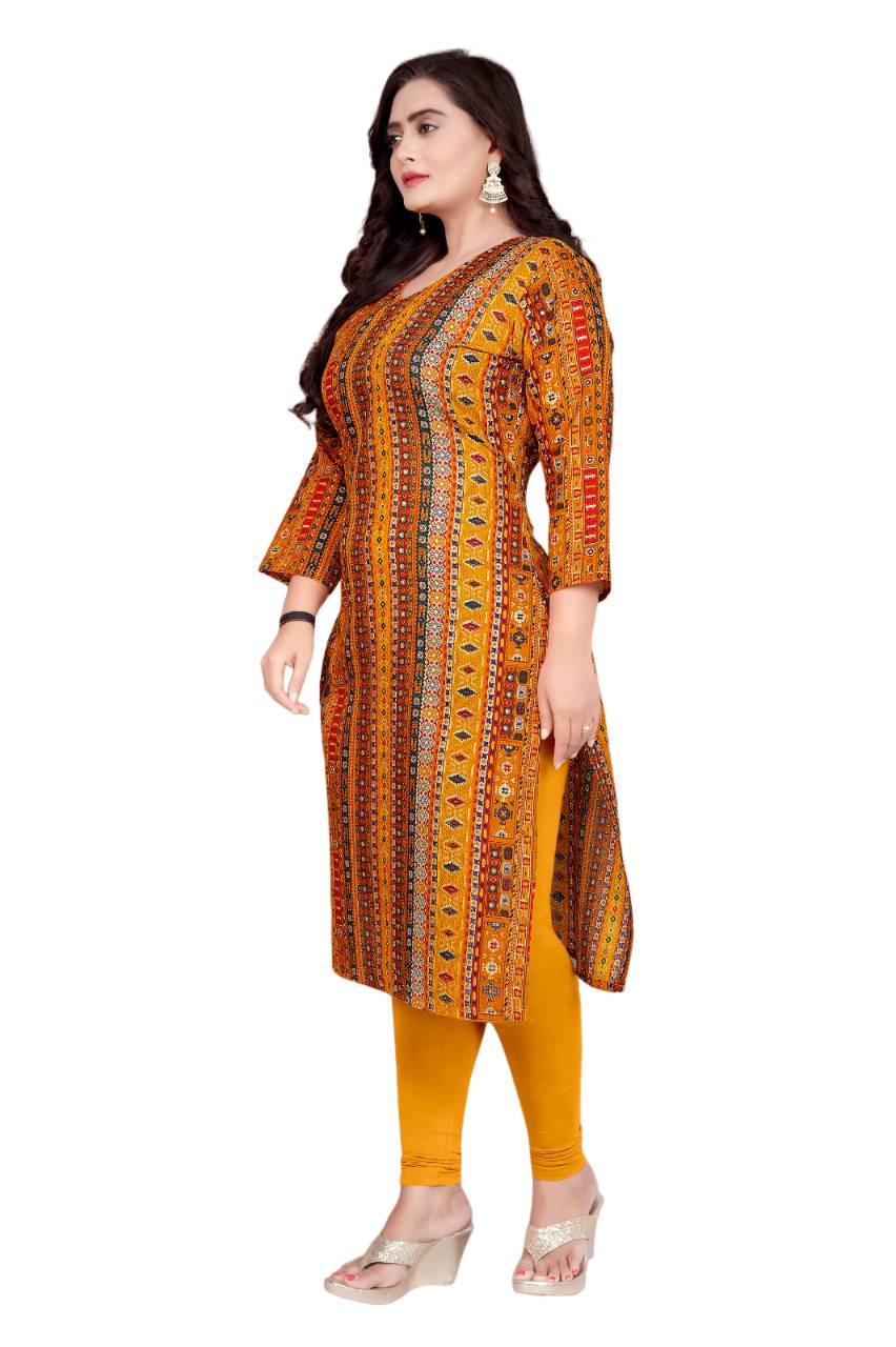 Amthi Yellow Ethnic Foil Print Cotton Blend Straight Kurta For Women