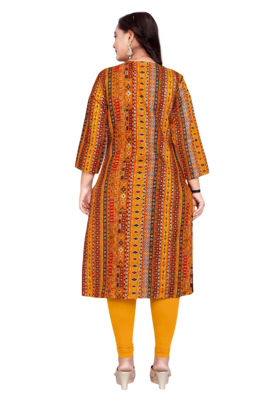 Amthi Yellow Ethnic Foil Print Cotton Blend Straight Kurta For Women