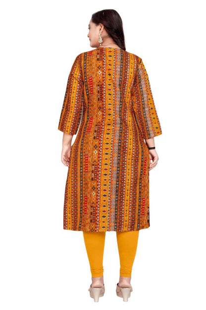 Amthi Yellow Ethnic Foil Print Cotton Blend Straight Kurta For Women