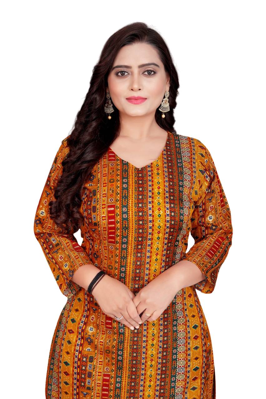 Amthi Yellow Ethnic Foil Print Cotton Blend Straight Kurta For Women