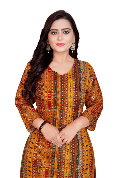 Amthi Yellow Ethnic Foil Print Cotton Blend Straight Kurta For Women