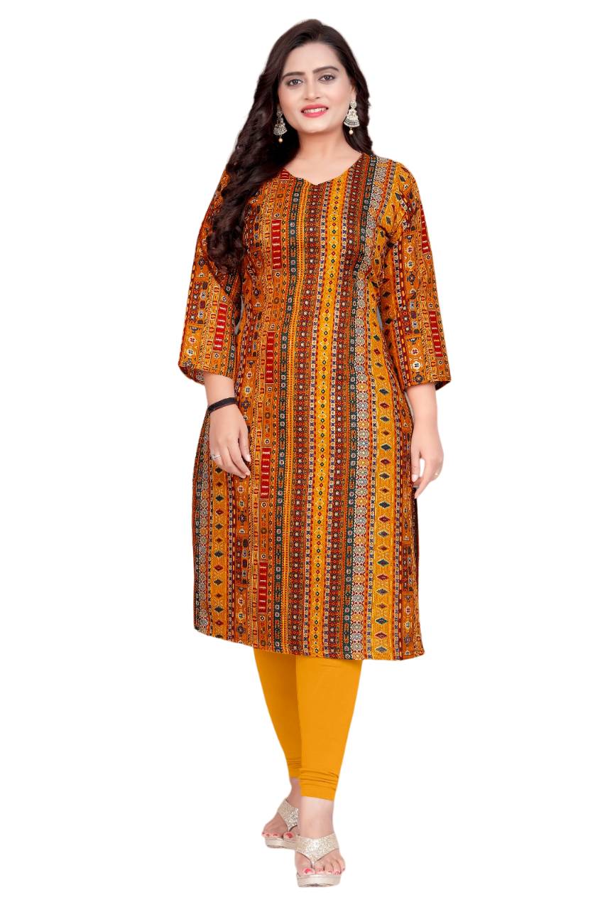 Amthi Yellow Ethnic Foil Print Cotton Blend Straight Kurta For Women