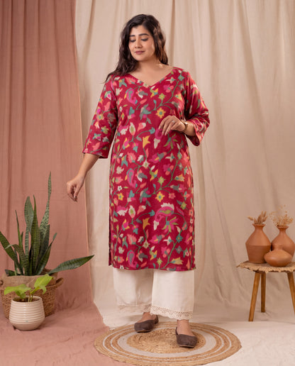 Amthi Rani Pink Floral Print Cotton Kurta for Women | V-Neck Kurti