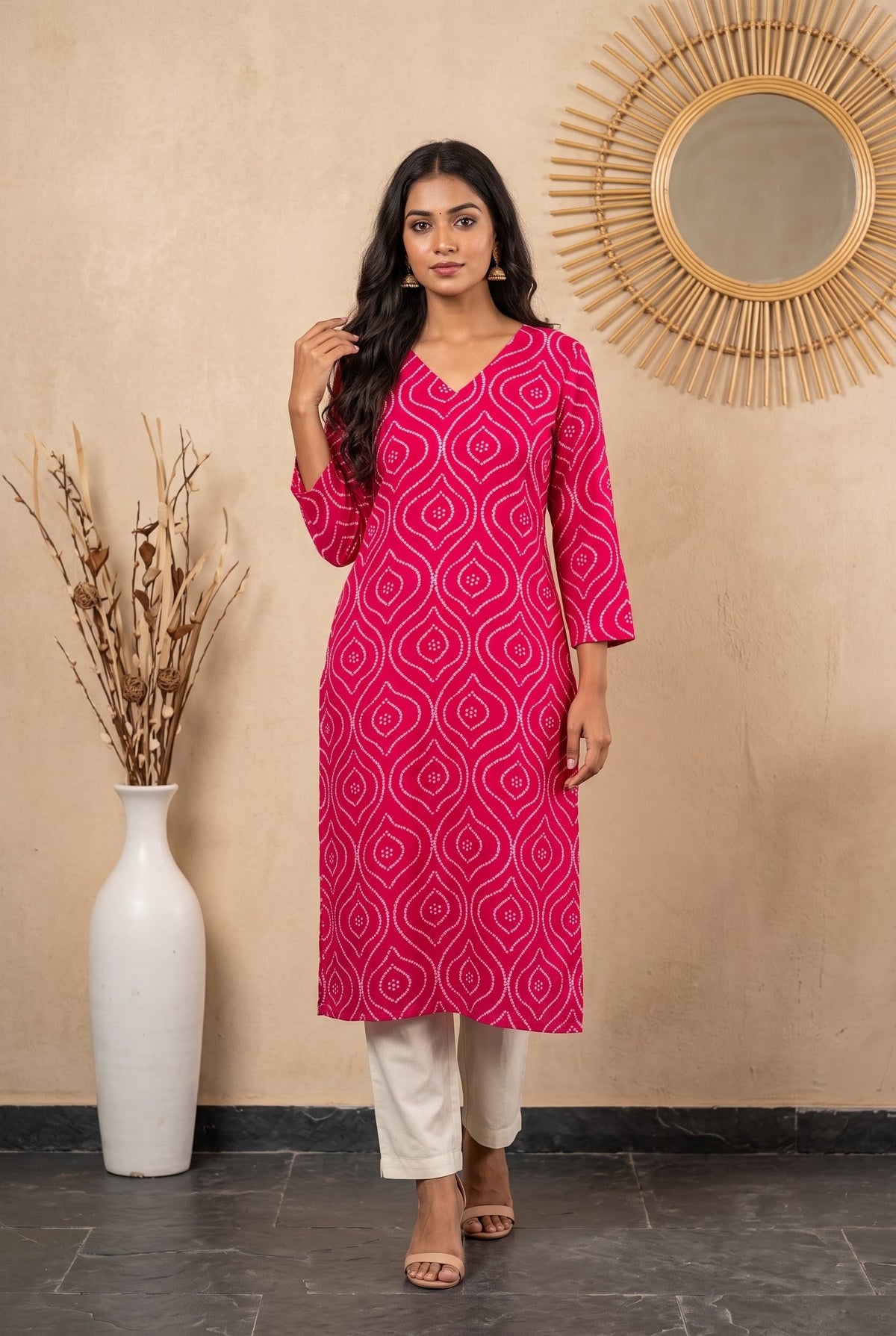 Amthi Pink Bandhani Print Straight Kurta| Rayon Daily Wear Kurti For Women