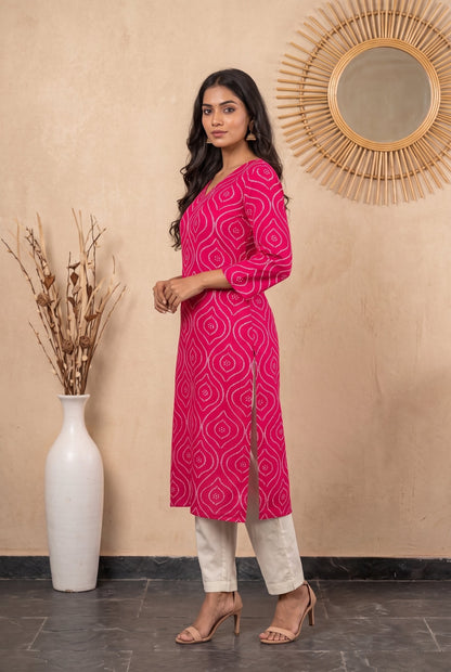 Amthi Pink Bandhani Print Straight Kurta| Rayon Daily Wear Kurti For Women