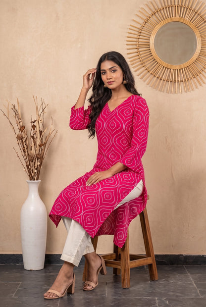 Amthi Pink Bandhani Print Straight Kurta| Rayon Daily Wear Kurti For Women