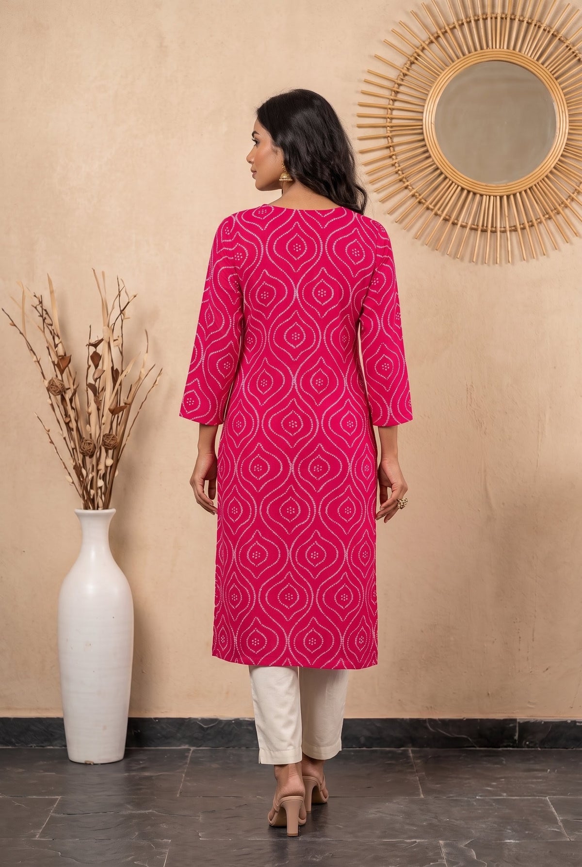 Amthi Pink Bandhani Print Straight Kurta| Rayon Daily Wear Kurti For Women