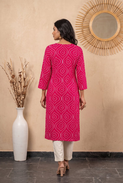 Amthi Pink Bandhani Print Straight Kurta| Rayon Daily Wear Kurti For Women