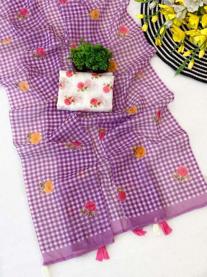 Amthi Purple Floral Checked Linen Saree with Contrast White Blouse