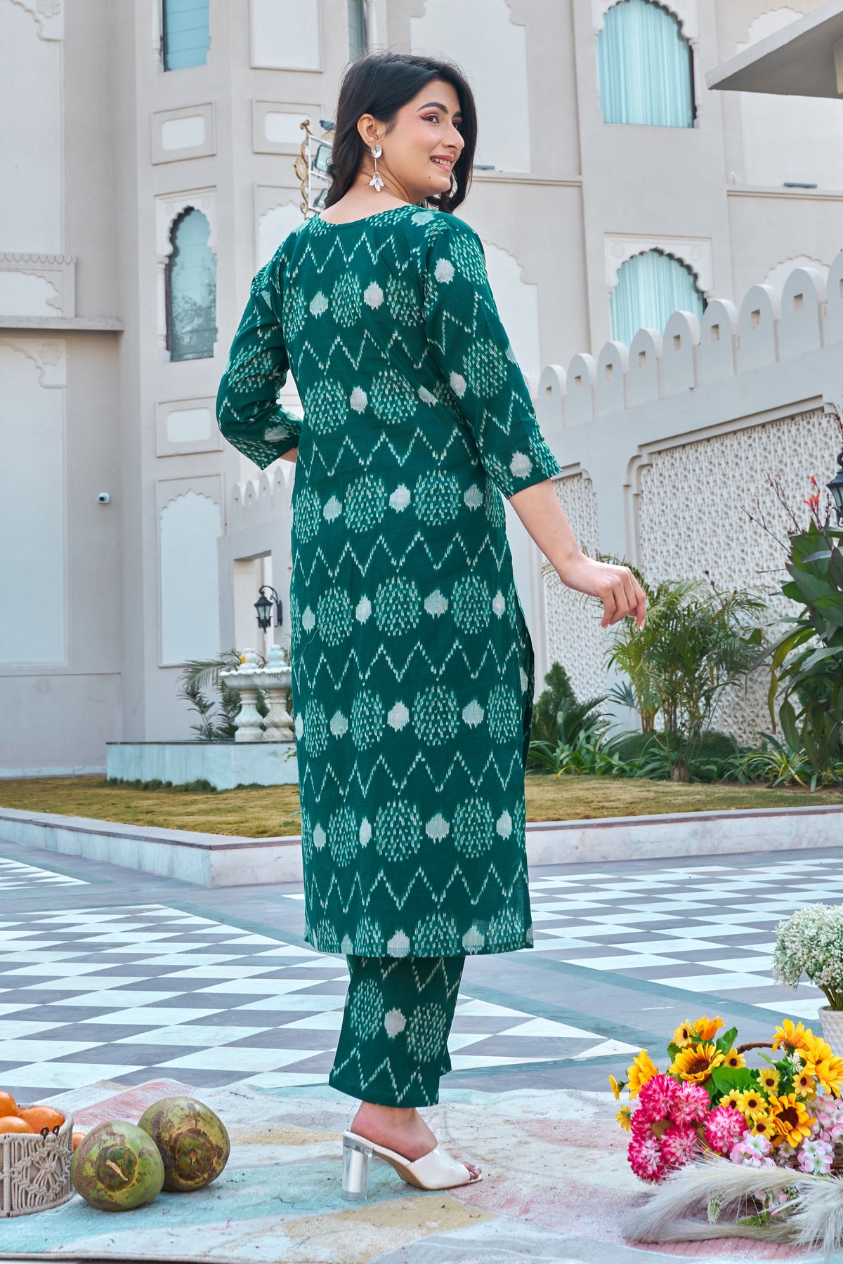 Green Cotton Ikat Print Kurti Pant Set for Women | Straight Fit Ethnic Wear