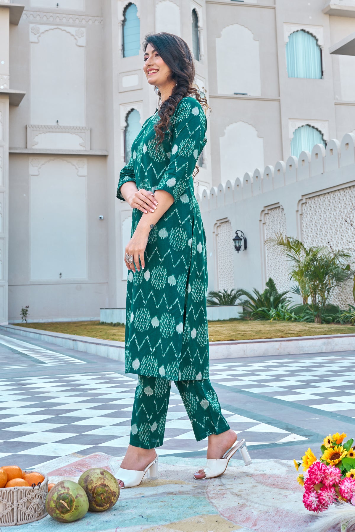 Green Cotton Ikat Print Kurti Pant Set for Women | Straight Fit Ethnic Wear