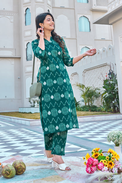 Green Cotton Ikat Print Kurti Pant Set for Women | Straight Fit Ethnic Wear