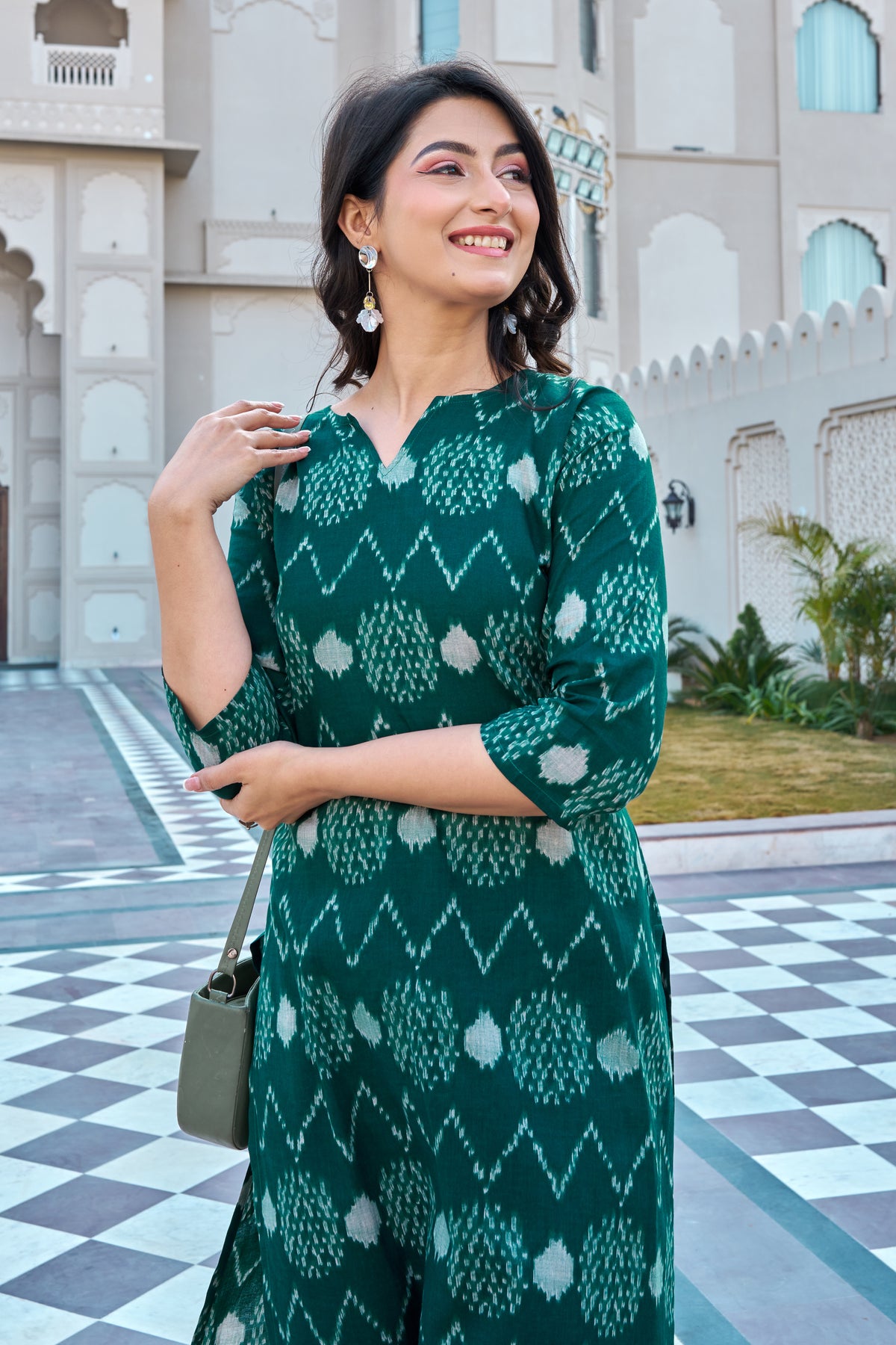 Green Cotton Ikat Print Kurti Pant Set for Women | Straight Fit Ethnic Wear
