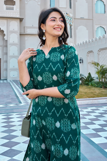 Green Cotton Ikat Print Kurti Pant Set for Women | Straight Fit Ethnic Wear