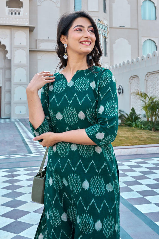 Green Cotton Ikat Print Kurti Pant Set for Women | Straight Fit Ethnic Wear