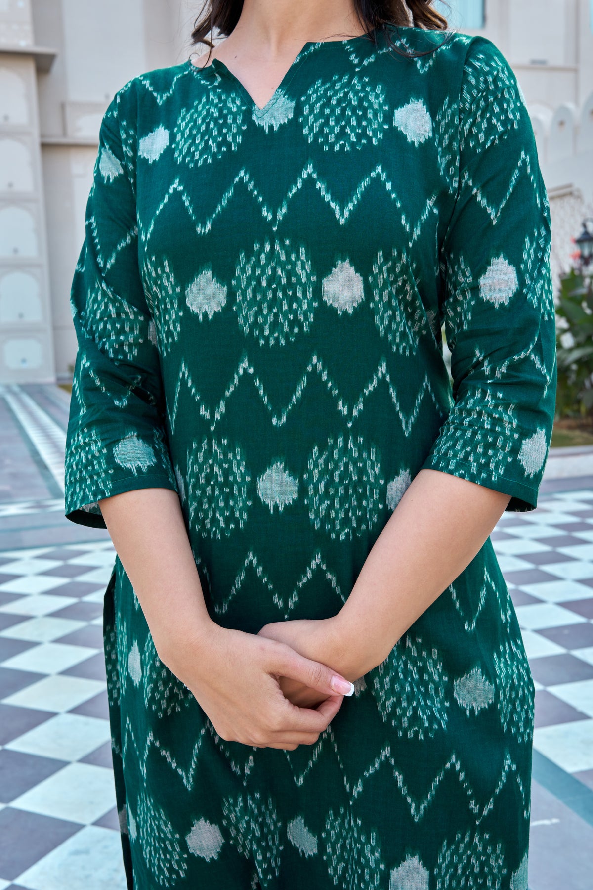 Green Cotton Ikat Print Kurti Pant Set for Women | Straight Fit Ethnic Wear
