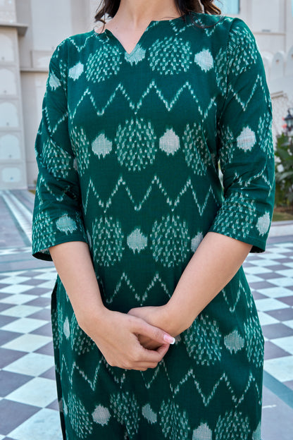 Green Cotton Ikat Print Kurti Pant Set for Women | Straight Fit Ethnic Wear