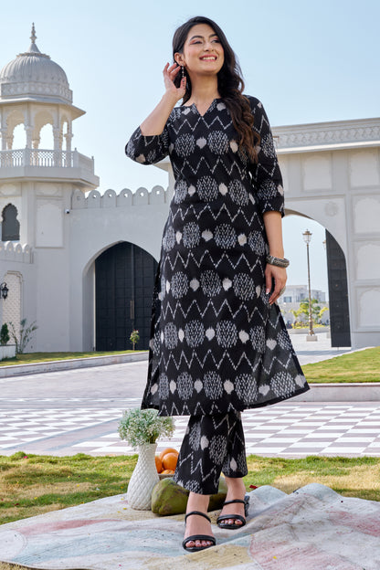 Black Cotton Ikat Print Kurti Pant Set for Women | Straight Fit Ethnic Wear