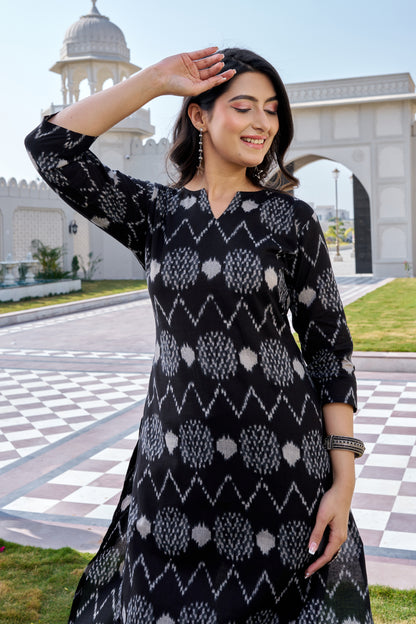 Black Cotton Ikat Print Kurti Pant Set for Women | Straight Fit Ethnic Wear