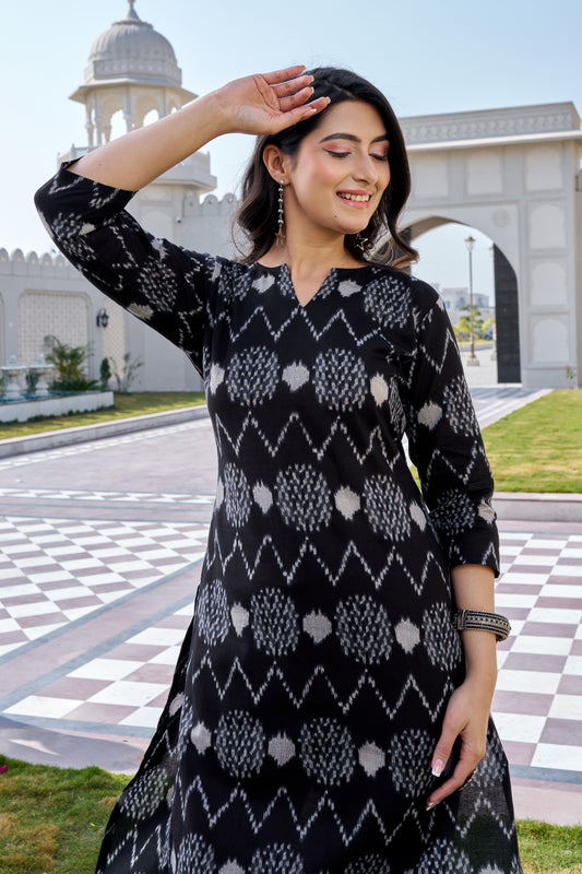 Black Cotton Ikat Print Kurti Pant Set for Women | Straight Fit Ethnic Wear
