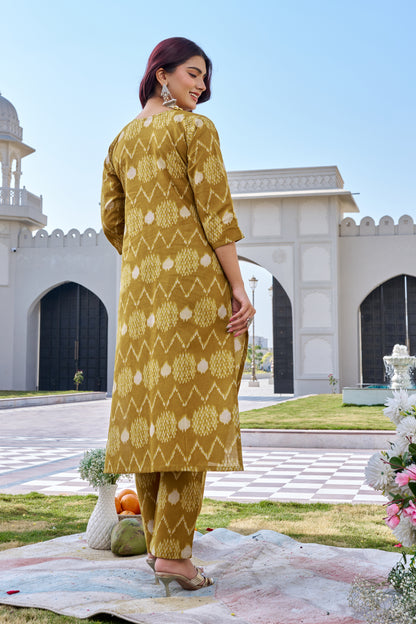 Yellow Cotton Ikat Print Kurti Pant Set for Women | Straight Fit Ethnic Wear