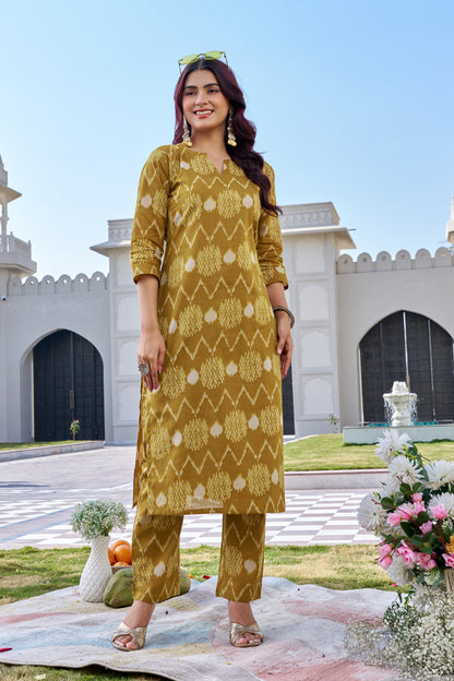 Yellow Cotton Ikat Print Kurti Pant Set for Women | Straight Fit Ethnic Wear