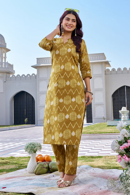 Yellow Cotton Ikat Print Kurti Pant Set for Women | Straight Fit Ethnic Wear