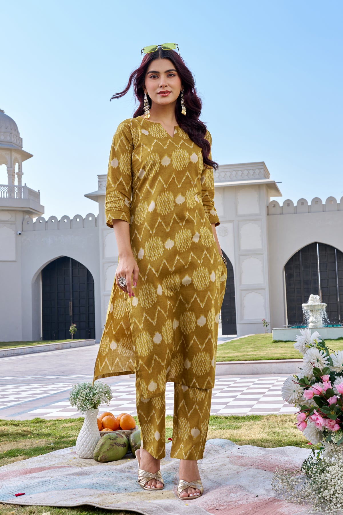 Yellow Cotton Ikat Print Kurti Pant Set for Women | Straight Fit Ethnic Wear