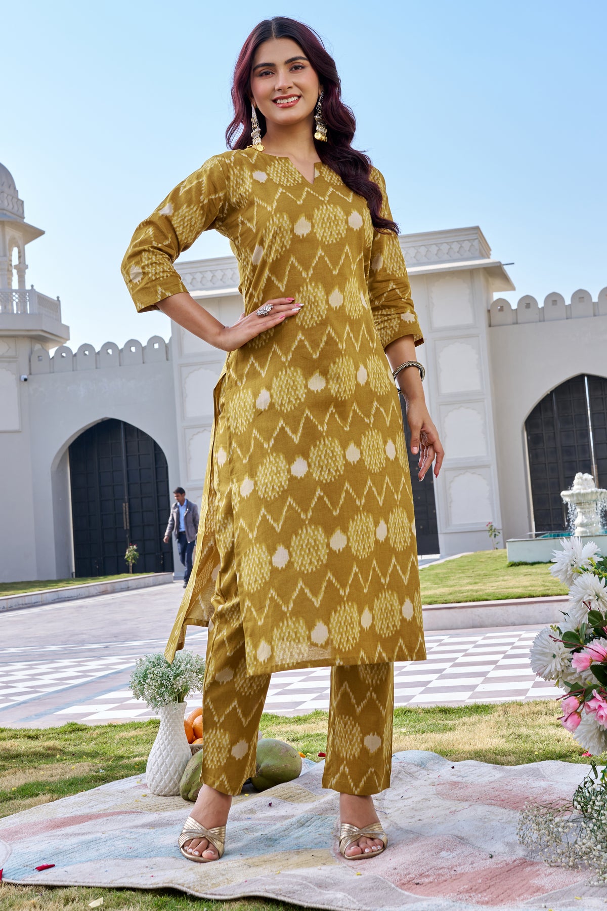 Yellow Cotton Ikat Print Kurti Pant Set for Women | Straight Fit Ethnic Wear