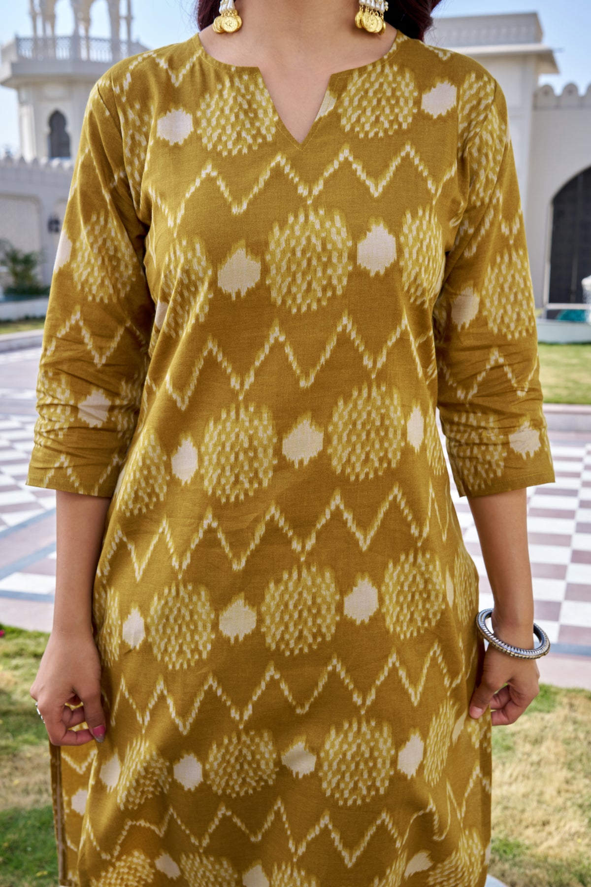 Yellow Cotton Ikat Print Kurti Pant Set for Women | Straight Fit Ethnic Wear