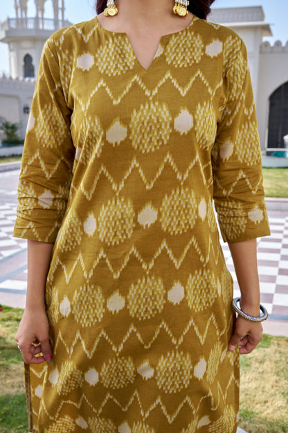 Yellow Cotton Ikat Print Kurti Pant Set for Women | Straight Fit Ethnic Wear