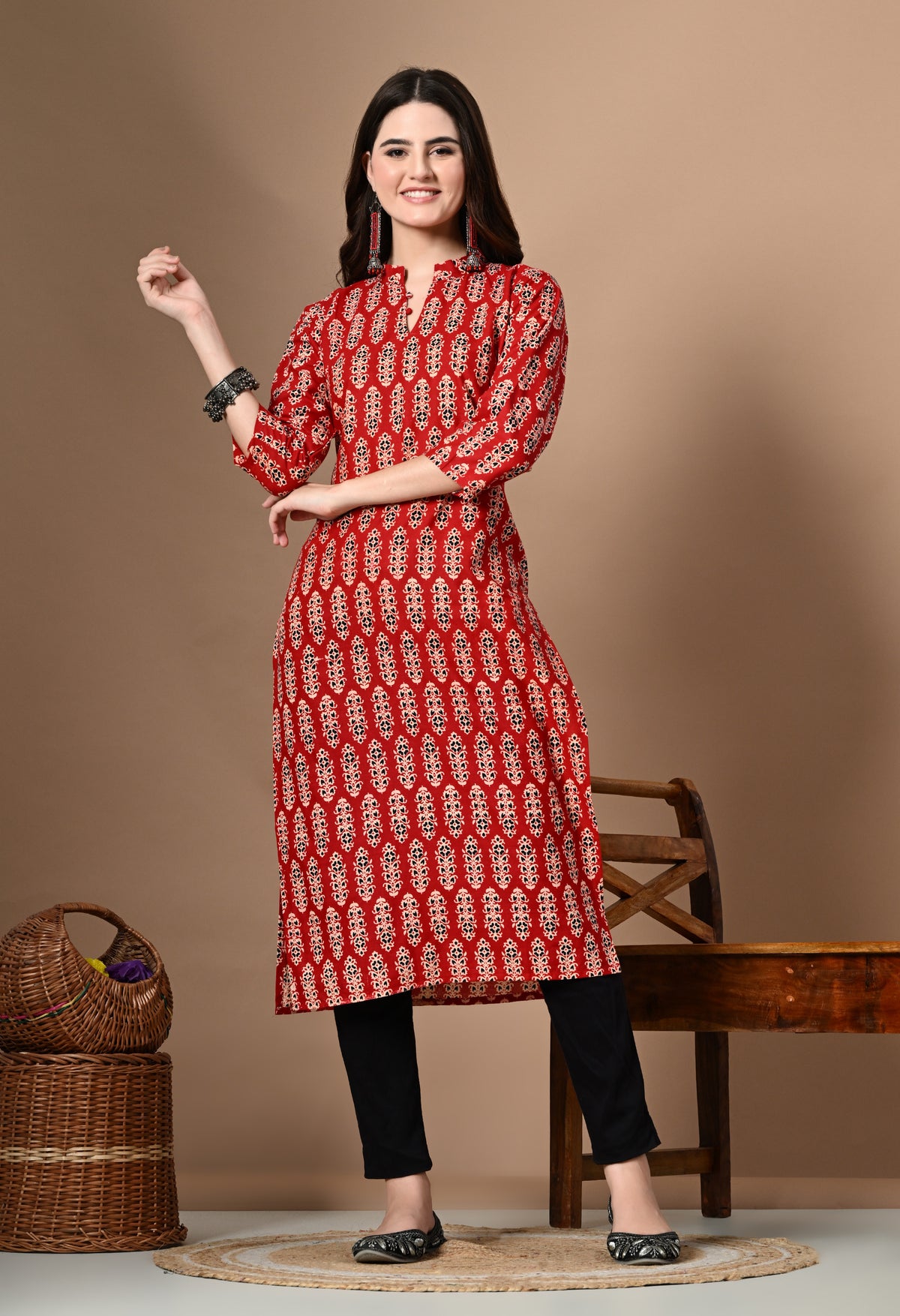 Amthi Red Pure Cotton Mandarin Neck Straight Kurta For Women