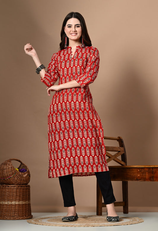 Amthi Red Pure Cotton Mandarin Neck Straight Kurta For Women