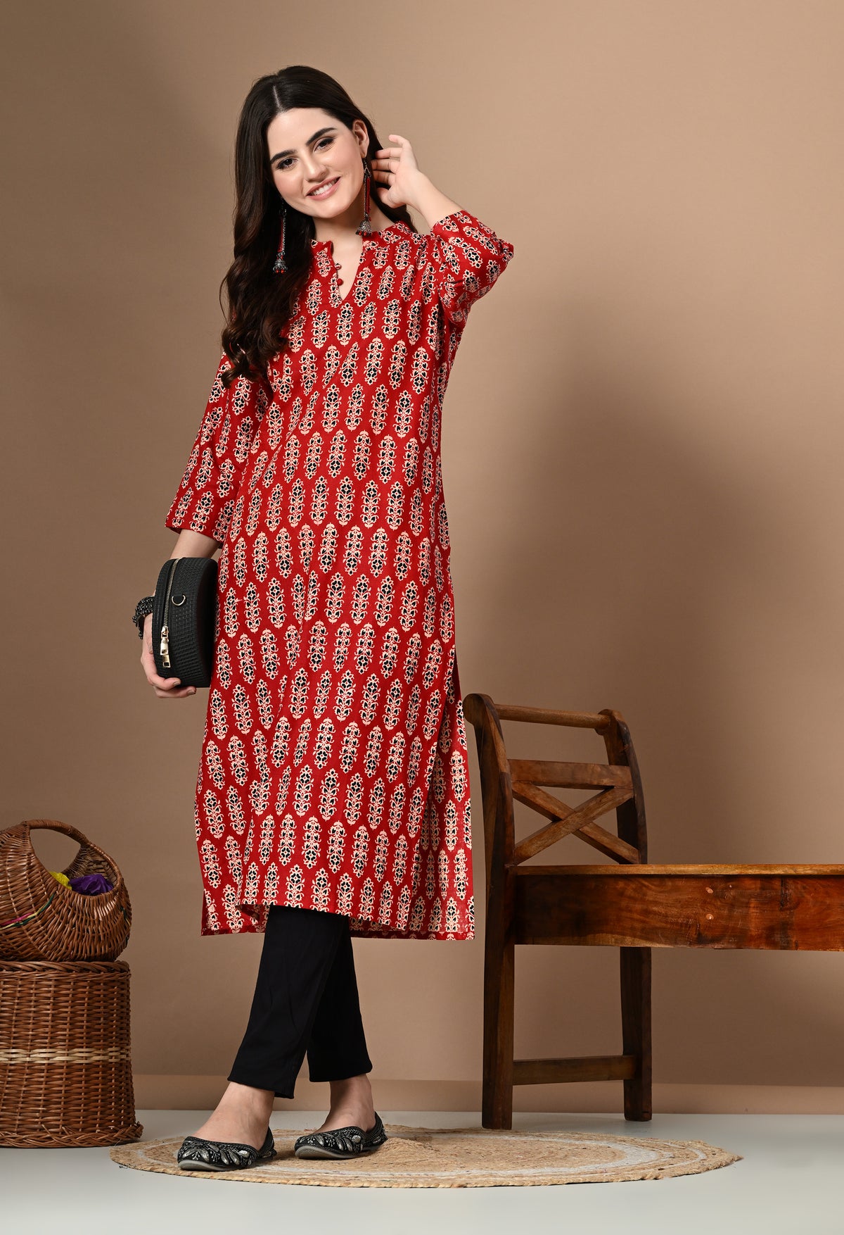 Amthi Red Pure Cotton Mandarin Neck Straight Kurta For Women
