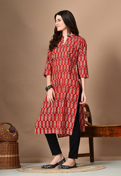 Amthi Red Pure Cotton Mandarin Neck Straight Kurta For Women