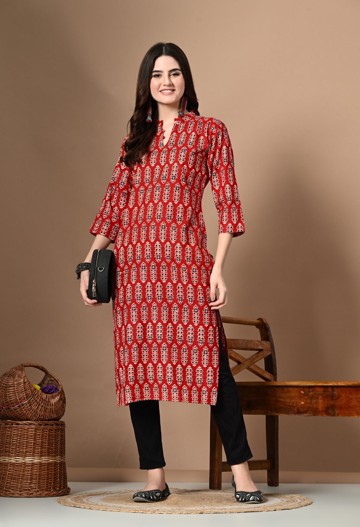 Amthi Red Pure Cotton Mandarin Neck Straight Kurta For Women