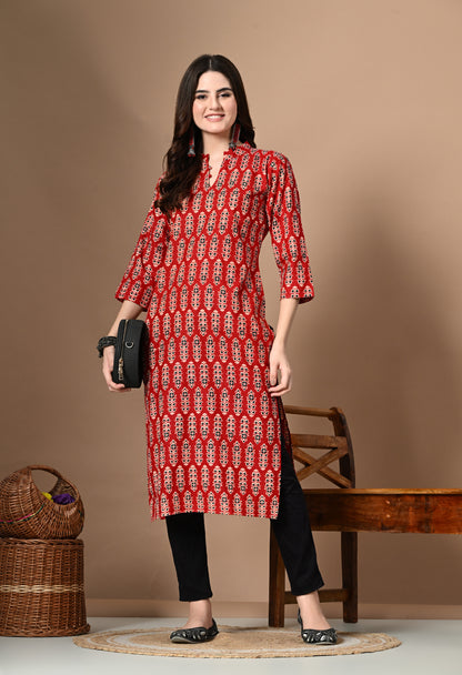 Amthi Red Pure Cotton Mandarin Neck Straight Kurta For Women