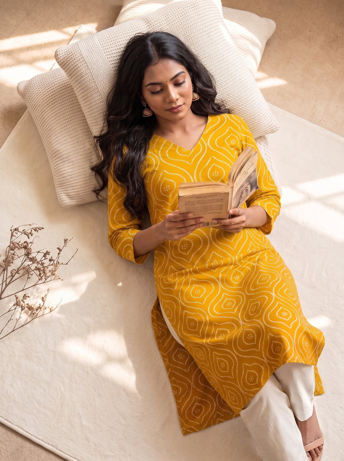Amthi Mustard Bandhani Print Straight Kurta| Rayon Daily Wear Kurti For Women