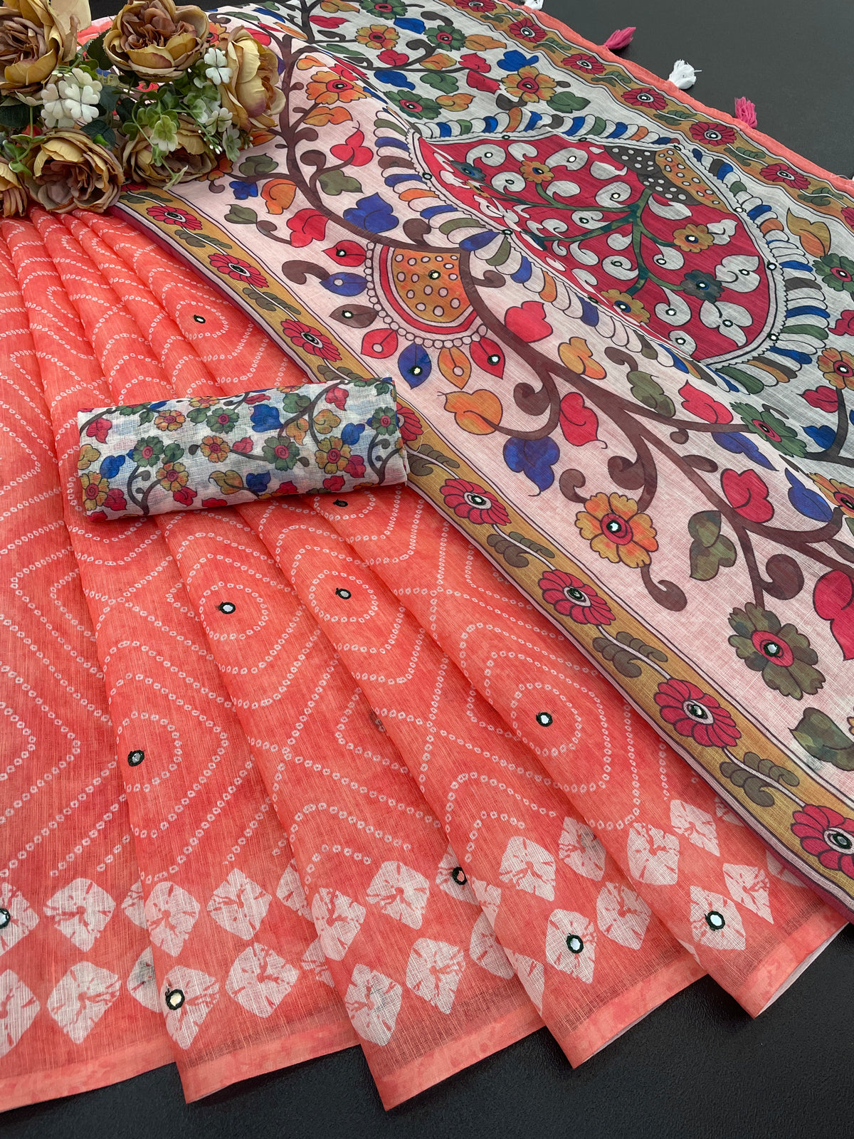 Amthi Cotton Linen Gajri Print Mirror Work Kalamkari Tessel Pallu Saree