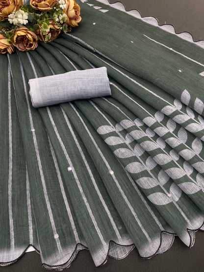 Amthi Linen Green Leaf Print Mirror Work Daily Wear Saree