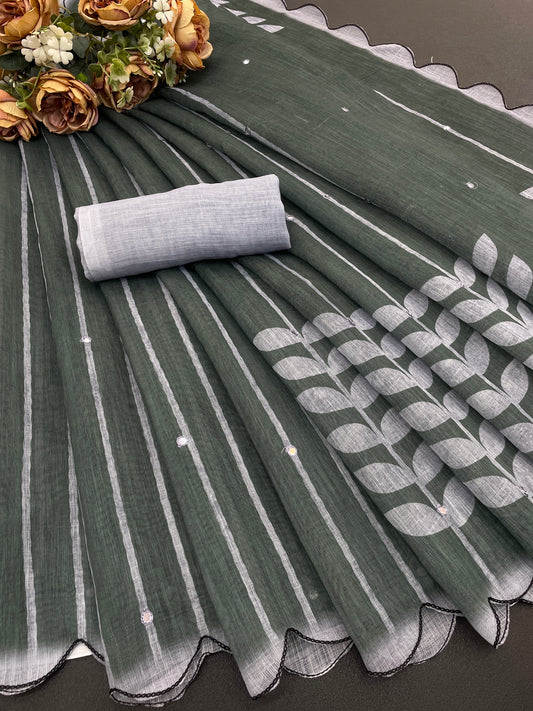 Amthi Linen Green Leaf Print Mirror Work Daily Wear Saree