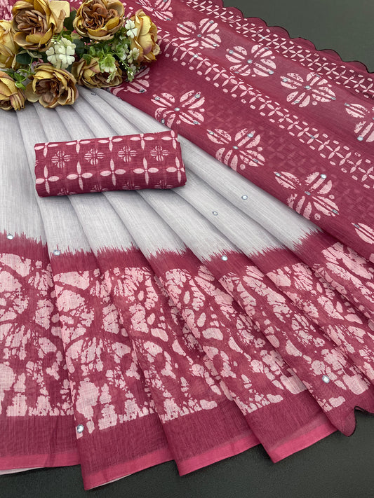 Amthi Cotton Linen Coral Batik Digital Print Mirror Work Saree