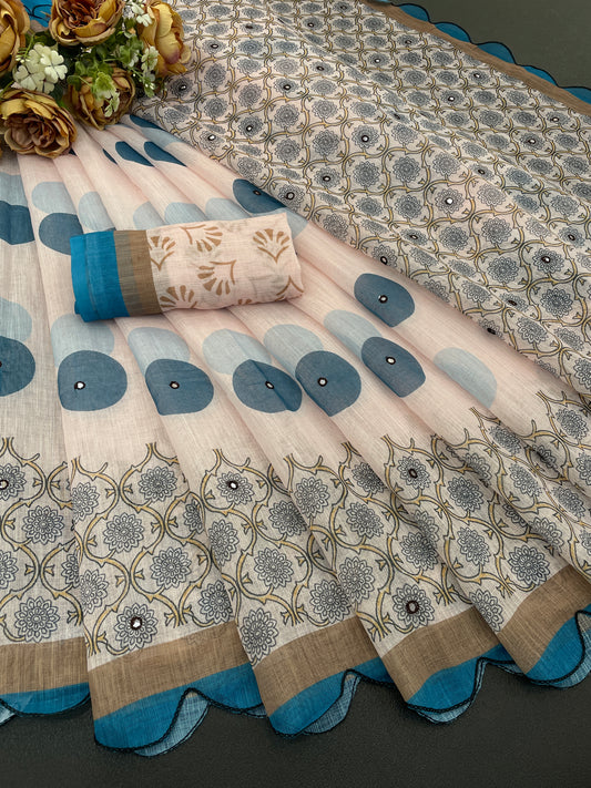 Amthi Cotton Linen Beige Rama Polka Dot Digital Print Border Scallop Saree