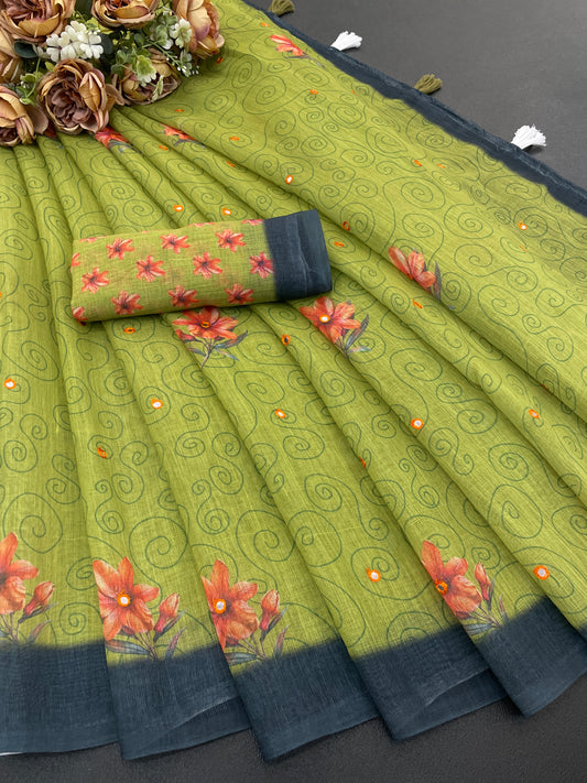 Amthi Linen Mehndi Green Swirl Floral Digital Print Tassel Pallu Saree