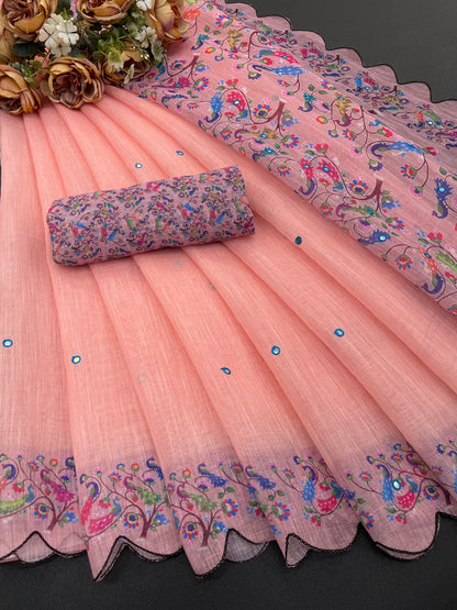 Amthi Linen Beige Peacock Floral Mirror Work Scallop Cutwork Border Saree