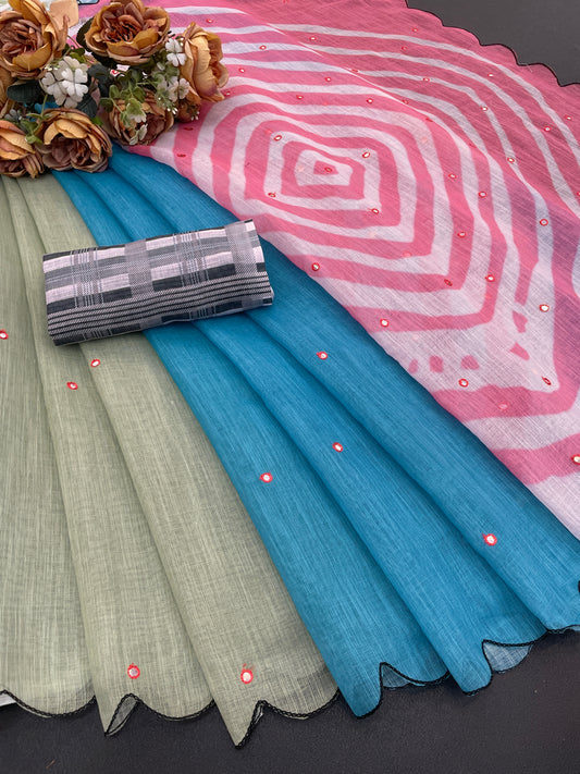Amthi Cotton Linen Blue Pink Shibori Mirror Woek Scallop Border Saree