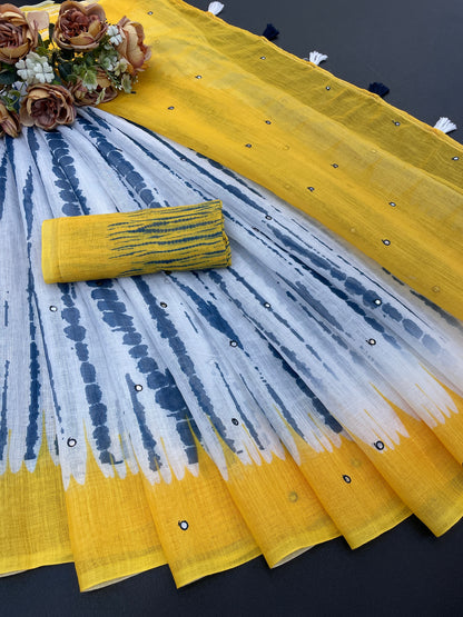 Amthi Linen Yellow Tie Dye Digital Print Mirror Work Tassel Saree