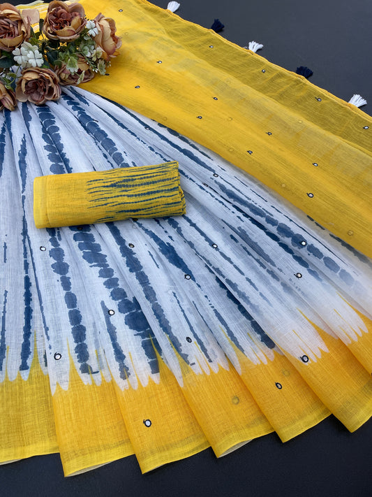 Amthi Linen Yellow Tie Dye Digital Print Mirror Work Tassel Saree