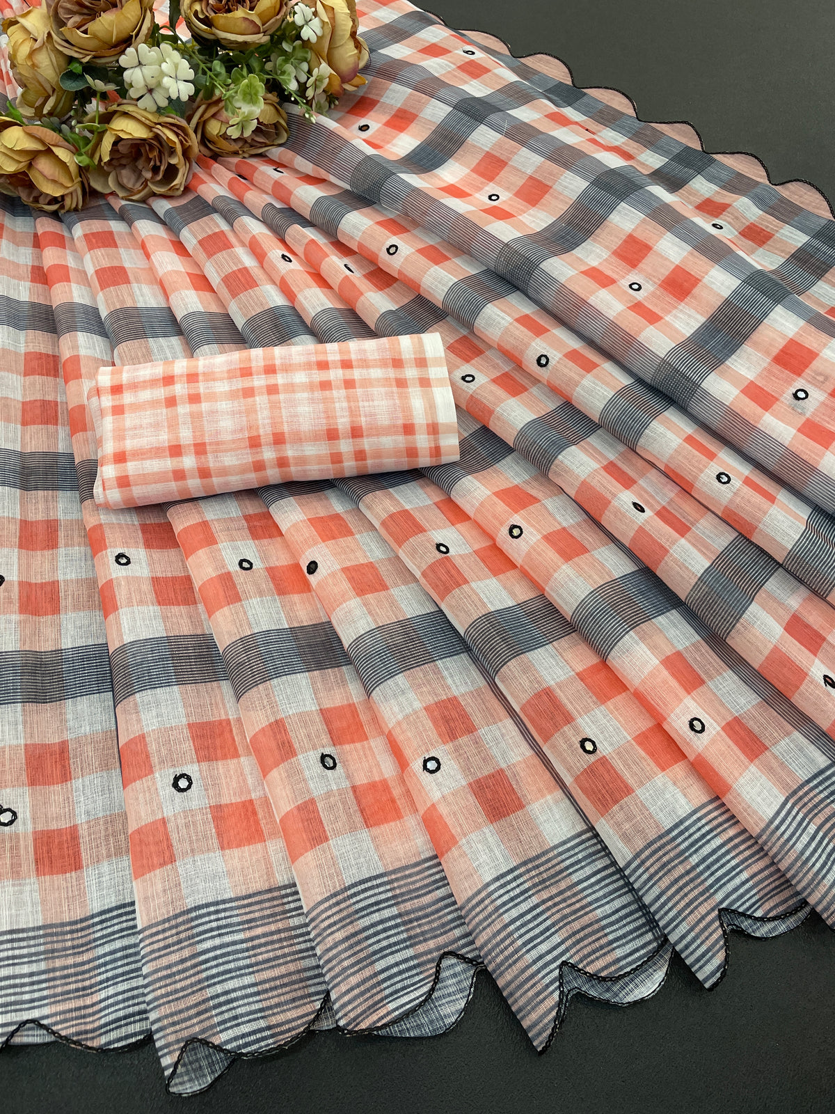 Amthi Linen Orange Grey Check Print Mirror Scallop Cutwork Daily Wear Saree