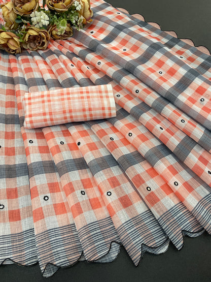 Amthi Linen Orange Grey Check Print Mirror Scallop Cutwork Daily Wear Saree
